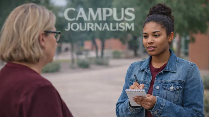 Journalism student interviews a woman on a college campus, taking notes during a face-to-face conversation as part of a campus reporting project.