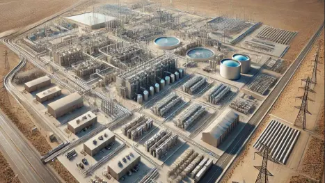 Architectural rendering of the proposed Project Jupiter data center campus showing multiple buildings, power infrastructure and cooling facilities in a desert setting.