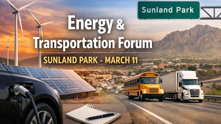 Graphic showing Sunland Park with wind turbines, solar panels, an electric car charging, a school bus and a semi truck, representing transportation and energy as part of a March 11 forum.