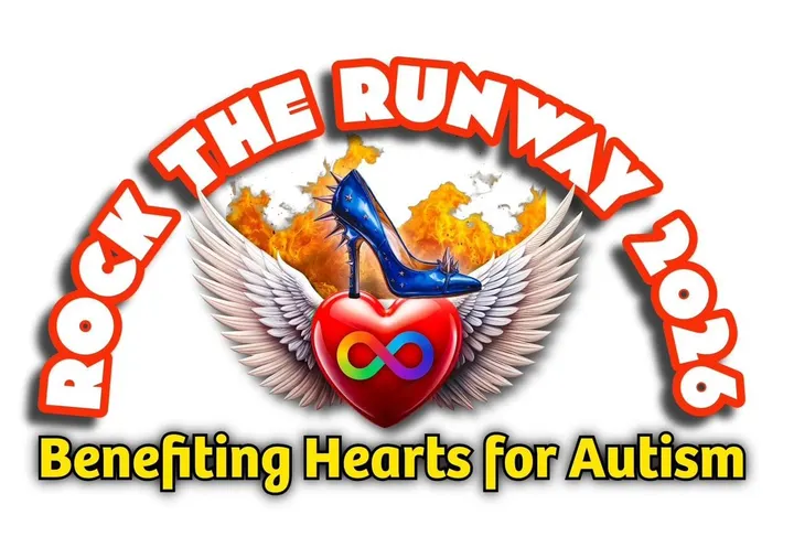 Graphic logo reading “Rock the Runway 2026 Benefiting Hearts for Autism,” featuring a winged red heart with an infinity symbol, a blue high-heel shoe and flames in the background.