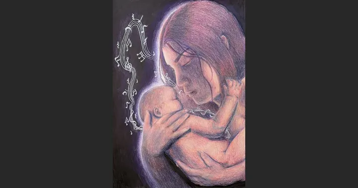 Student artwork depicts a mother cradling a newborn as musical notes flow between them.
