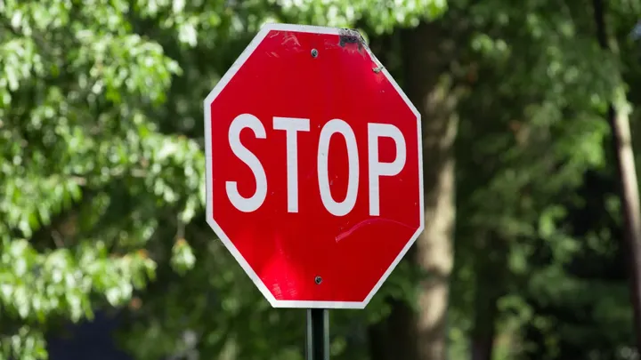 Red stop sign against a background of trees.