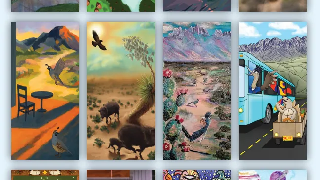 Selection of colorful artworks featured in Las Cruces’ Art Stop 2026 program, displayed on bus shelter posters across the city.
