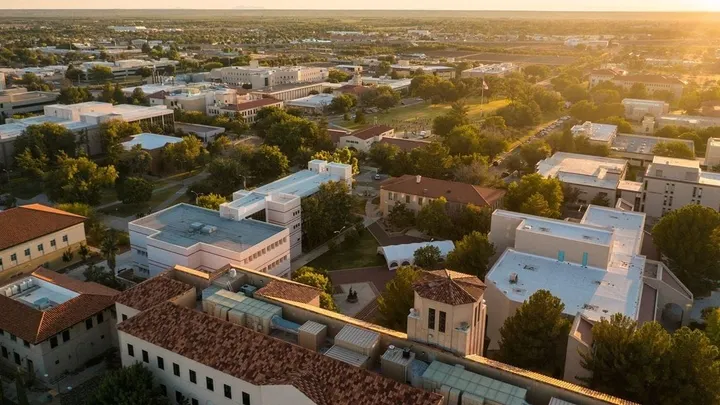 An aerial view of the New Mexico State University campus in Las Cruces shows academic buildings and tree-lined walkways.