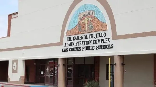 Entrance to the Dr. Karen M. Trujillo Administration Complex for Las Cruces Public Schools with the building name displayed above the doorway.