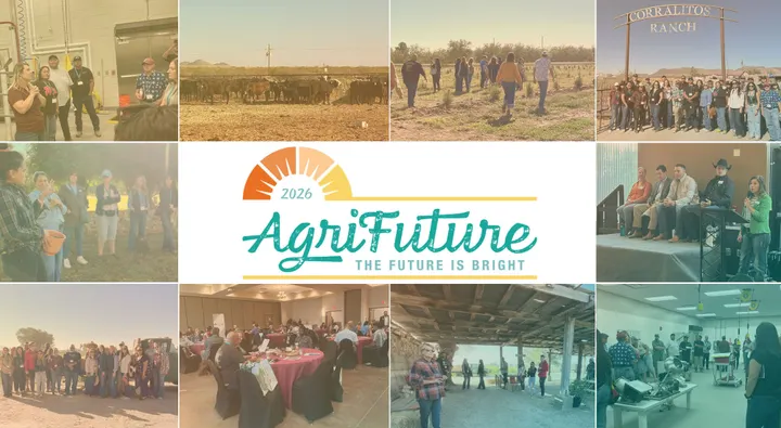 Collage promoting the 2026 AgriFuture conference, featuring farm tours, livestock, group activities and industry panels