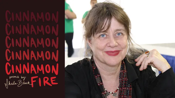 Portrait of poet Sheila Black alongside the cover of her book “Cinnamon Fire.”