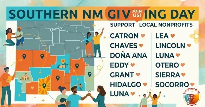 Illustrated map of southern New Mexico with counties labeled and a list of regions participating in Southern New Mexico Giving Day, encouraging donations to local nonprofits.