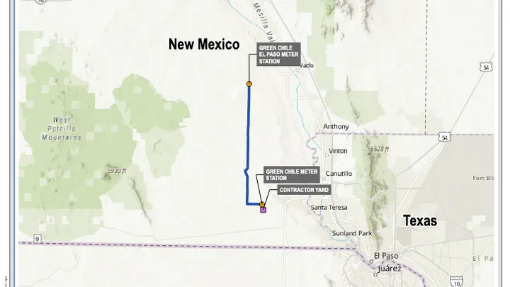 Map showing proposed Green Chile pipeline route near Las Cruces and Santa Teresa, connecting meter stations in southern New Mexico