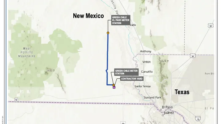 Map shows proposed natural gas pipeline route in southern New Mexico, running from a contractor yard near Santa Teresa north to the Green Chile Meter Station west of Las Cruces.
