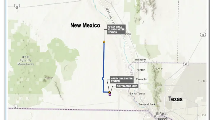 Map shows proposed pipeline route in southern Doña Ana County connecting meter stations near Santa Teresa and the El Paso area.