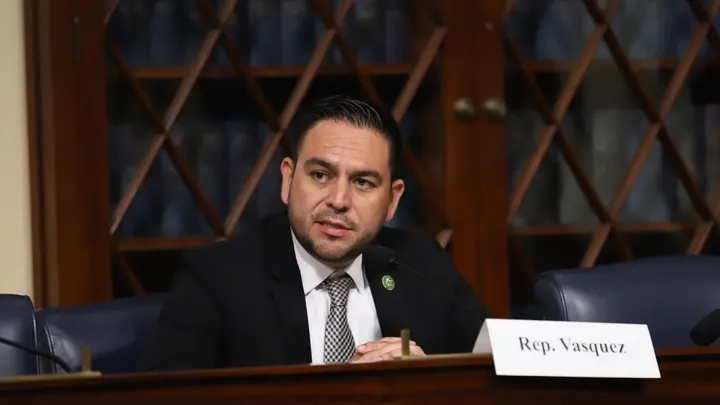 U.S. Rep. Gabe Vasquez speaks at a congressional hearing, seated at a desk with a nameplate.