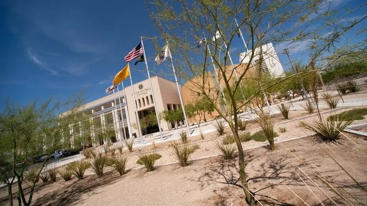 Exterior view of Las Cruces City Hall and surrounding landscaping