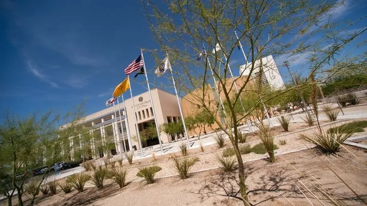 Las Cruces City Hall and surrounding desert landscaping are shown in this exterior file photo.