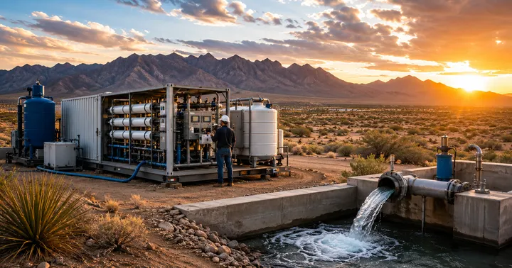 A worker stands beside a desert water treatment system with pipes, tanks and flowing water at sunset near mountain ranges.