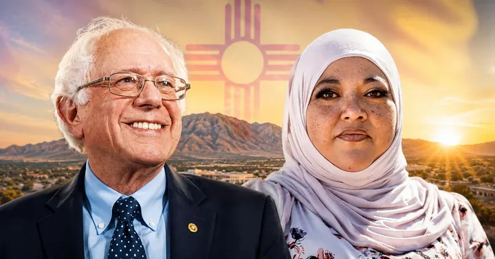 A composite image shows U.S. Sen. Bernie Sanders beside Doña Ana County Commission candidate Daisy Maldonado against a southern New Mexico landscape at sunrise.