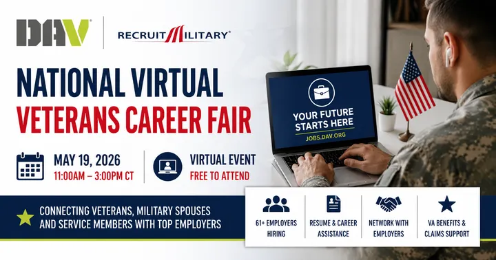 Graphic promoting the National Virtual Veterans Career Fair on May 19 with information about jobs, resume help and networking for veterans and military families