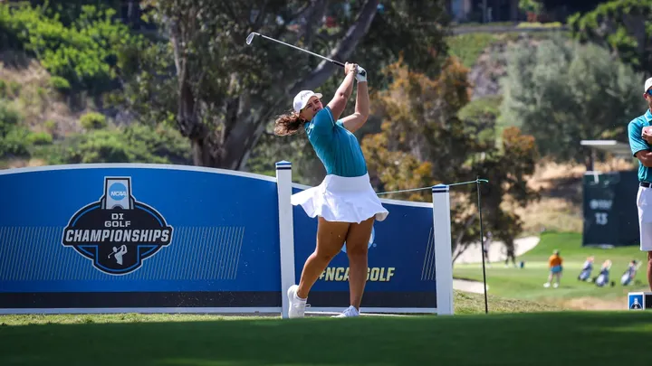 NM State golfer Emma Bunch swings during a practice round at the NCAA Women’s Golf Championship in California.