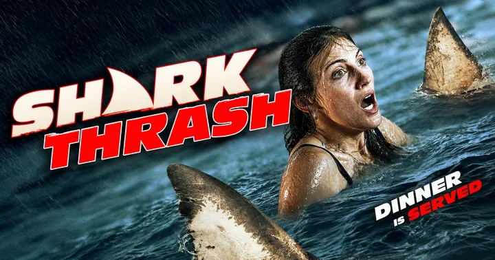A terrified woman struggles in stormy floodwaters as sharks circle around her in promotional artwork for the film ‘Shark Thrash.’