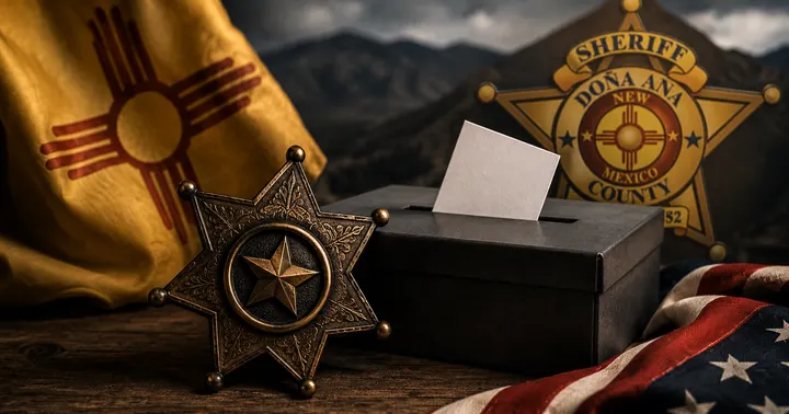 A ballot box sits beside sheriff’s badges, a New Mexico flag and a stylized Doña Ana County sheriff emblem against mountain scenery.