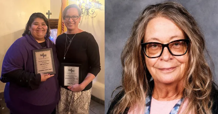 A composite image shows LCPS educators Josephine Lopez and Anita Martos holding award plaques alongside a portrait of educator Gail Wheeler.
