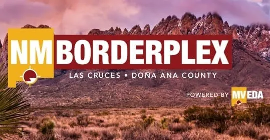 NMBorderplex promotional banner featuring the Organ Mountains and branding for Las Cruces and Doña Ana County.