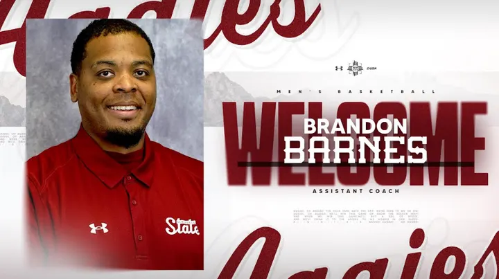 Portrait graphic of new NM State assistant basketball coach Brandon Barnes wearing a red Aggies polo beside “Welcome Brandon Barnes” text.