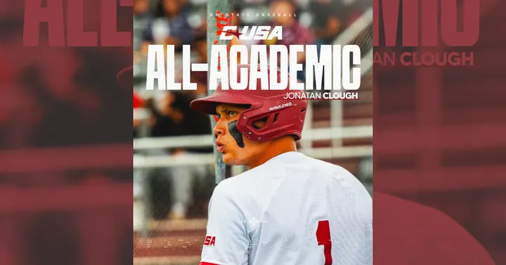 A graphic shows NM State baseball player Jonatan Clough in uniform alongside text announcing his Conference USA All-Academic Team honor.