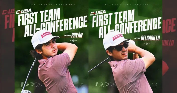 Graphic featuring NM State golfers Mateo Payán and Javier Delgadillo after earning First Team All-Conference USA honors.
