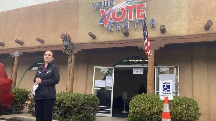 Bernalillo County Clerk Michelle Kavanaugh stands outside a downtown Albuquerque early voting site on the first day of early voting in New Mexico’s June 2 primary election.