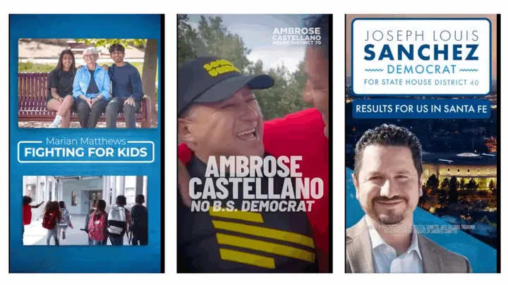 Composite image showing campaign advertisements for New Mexico House candidates Marian Matthews, Ambrose Castellano and Joseph Louis Sanchez.