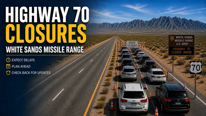 Graphic showing traffic stopped along US 70 near White Sands Missile Range with a highway closure warning sign
