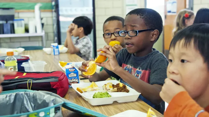 Children eat lunch and fruit at a school cafeteria table during a federally supported meal program.