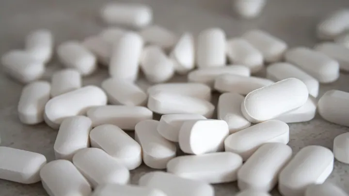 Close-up of white prescription pills scattered on a surface, representing opioid medications.