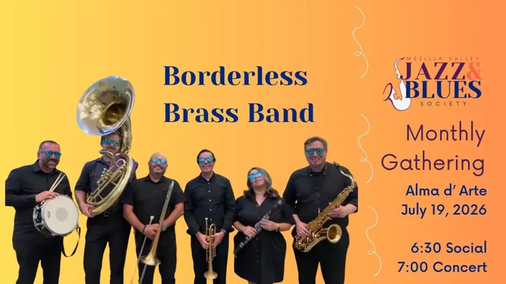 A flyer shows Borderless Brass Band members with event details for a July 19 MVJBS gathering at Alma d’Arte.