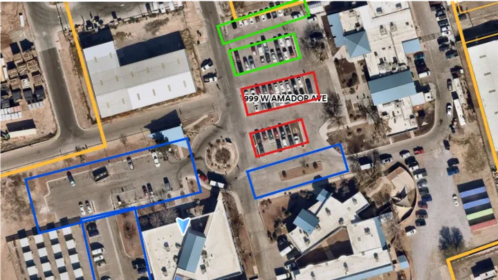 Aerial map of the Community of Hope campus parking lots, with colored outlines showing areas scheduled for restriping.