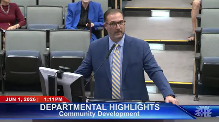 Las Cruces Community Development Director Chris Faivre speaks at a podium during the June 1 City Council meeting.