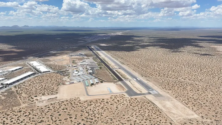 Aerial view of the Doña Ana County International Jetport runway and surrounding desert in Santa Teresa.