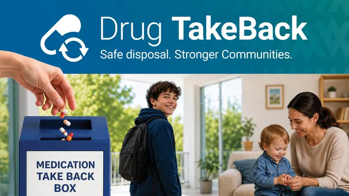 Graphic reading “Drug TakeBack: Safe disposal. Stronger Communities.” showing pills dropped into a medication take-back box beside images of a teenager and a mother with a young child.