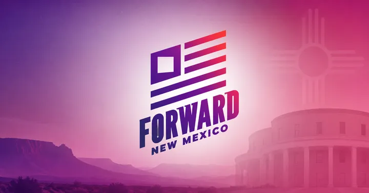 Graphic illustration of the Forward New Mexico logo over a purple-toned New Mexico landscape and capitol-style building.