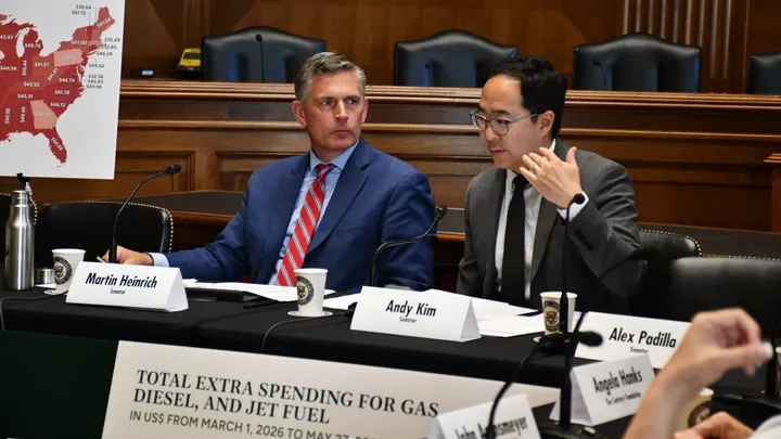 U.S. Sens. Martin Heinrich and Andy Kim sit at a Senate roundtable on gas and energy costs.