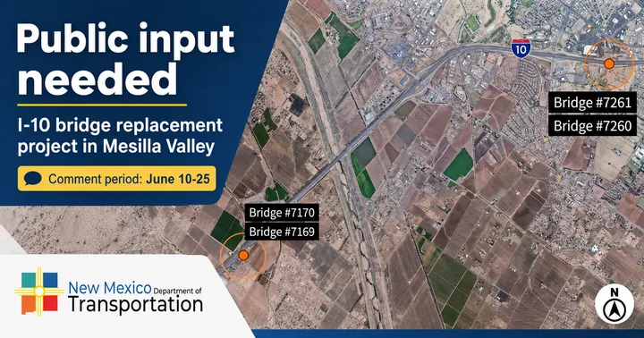 Map graphic showing I-10 bridge replacement project areas near Fairacres Road and Avenida de Mesilla in the Mesilla Valley.