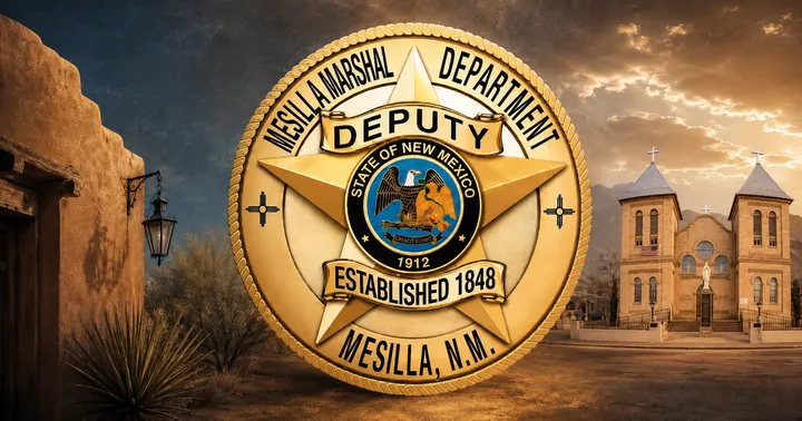 Photo illustration showing the Mesilla Marshal Department badge in front of an adobe streetscape and the Basilica of San Albino.