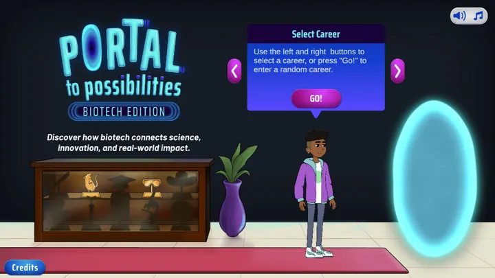 Screenshot from “Portal to Possibilities: Biotech Edition” shows a young character standing near a glowing portal on a career selection screen.