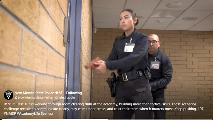 Nevaeh Lopez participates in a room-clearing drill at the New Mexico State Police Academy.