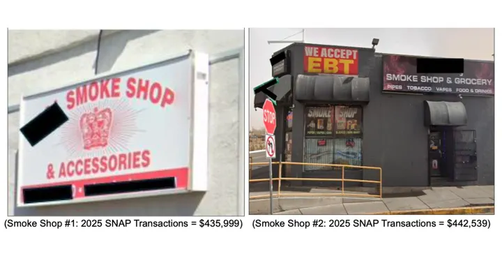 Side-by-side images of two New Mexico smoke shops that each received more than $400,000 in SNAP payments in 2025.