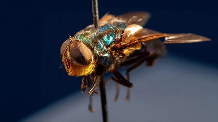 Close-up of a pinned adult New World screwworm fly specimen.