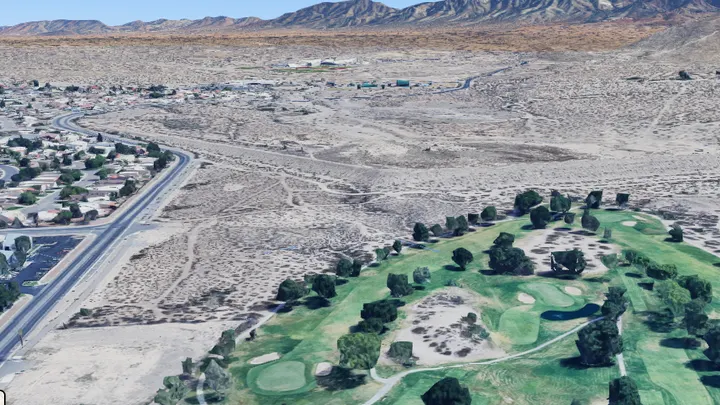 Aerial view of desert land south of the New Mexico Farm & Ranch Heritage Museum near “A” Mountain in Las Cruces.