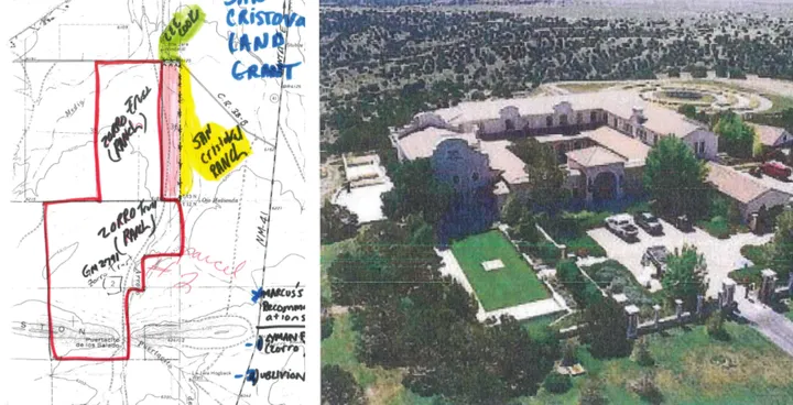 Annotated maps of Zorro Ranch appear beside aerial photos of the Santa Fe County property once owned by Jeffrey Epstein.