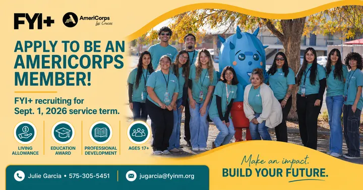 FYI+ AmeriCorps recruitment graphic showing current members and highlighting a Sept. 1 service term, living allowance, education award and professional development.